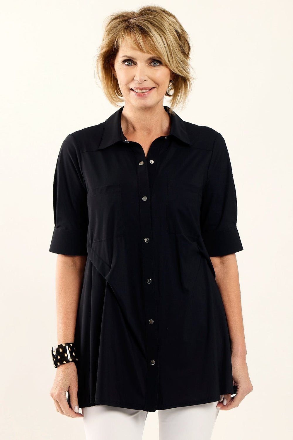 PAULA RYAN Tuck Swing Shirt - Black