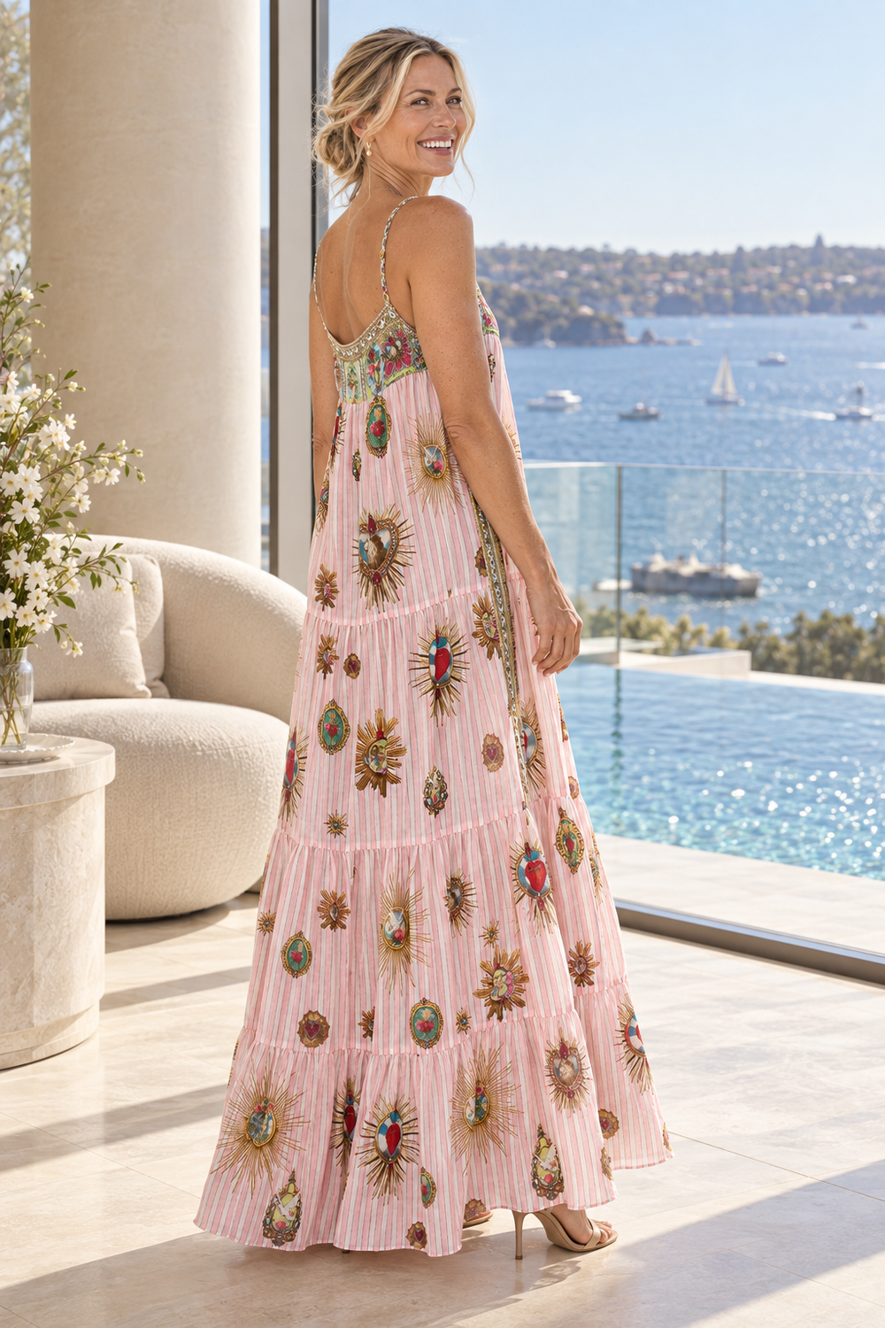 CAMILLA Long Tiered Dress with Bow Ties - Painted Prayers