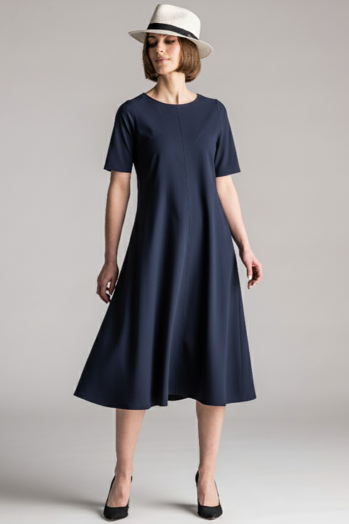 PAULA RYAN Crew Neck Swing Dress Microjersey - Navy - Paula Ryan