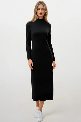PAULA RYAN Polo Neck Sheath Dress - Black Merino
