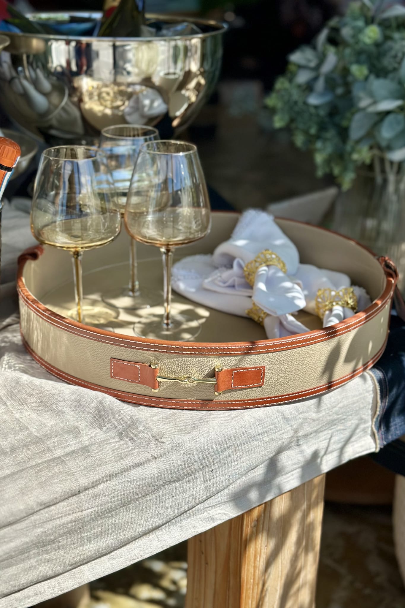 Tan Round Tray with Handles - Magpie Style