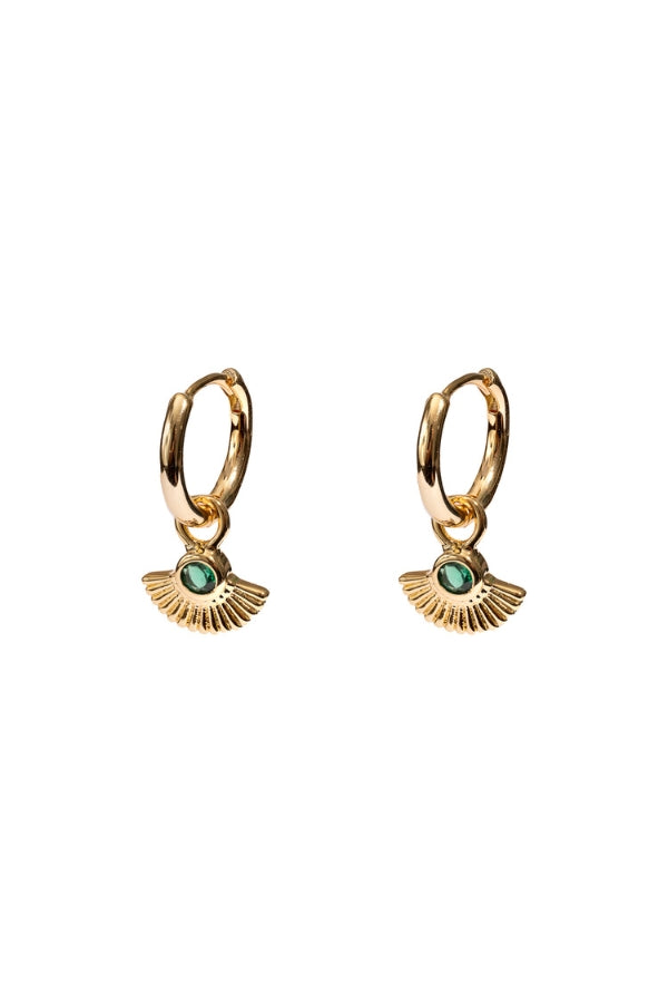 Gold Huggies with Green Crystal Fan  - 18ct gold plated
