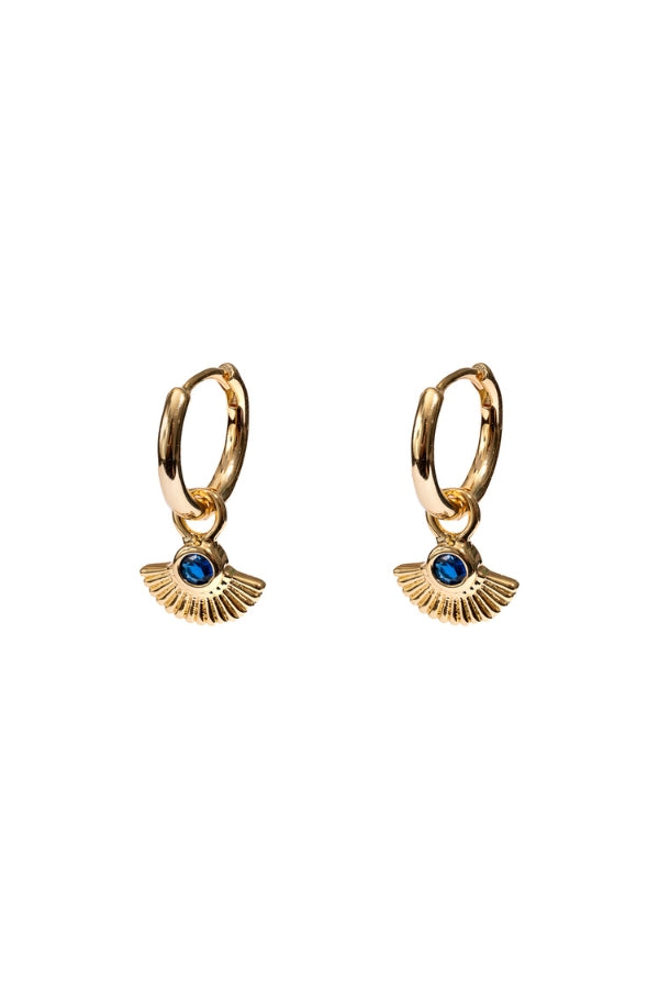 Gold Huggies with Blue Crystal Fan  - 18ct gold plated