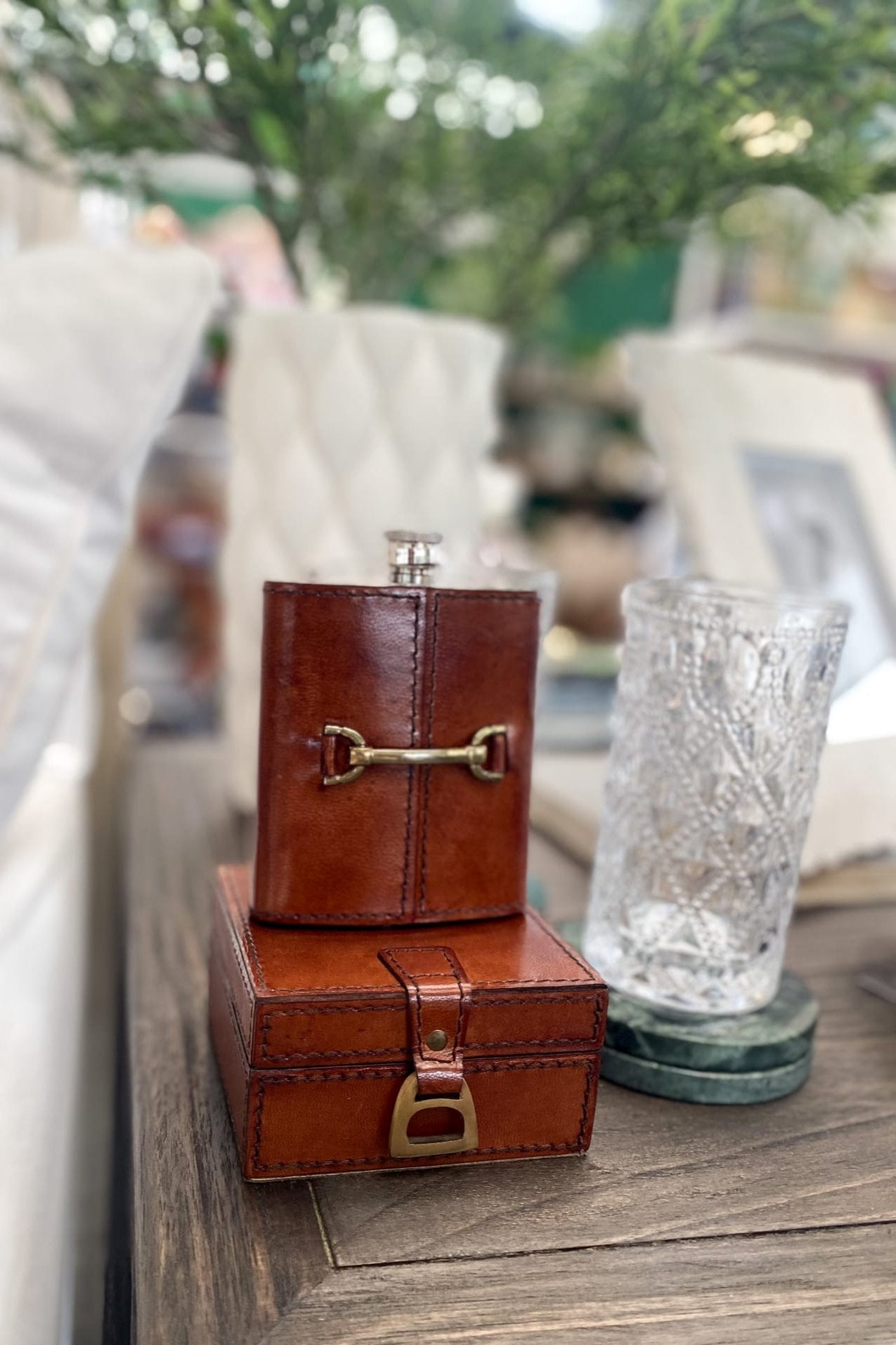 Leather Hip Flask with Horse Bit - Tan - Magpie Style