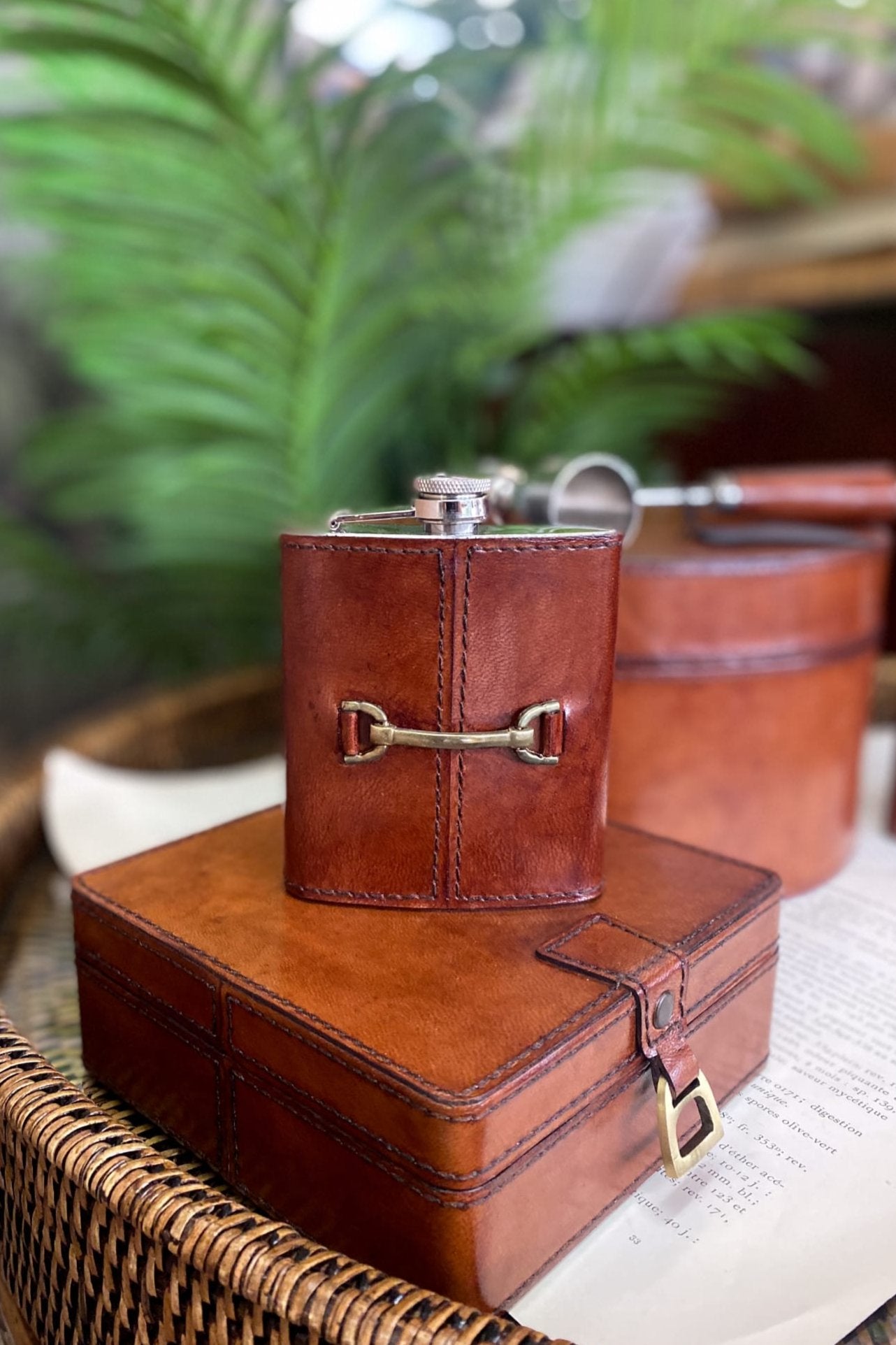 Leather Hip Flask with Horse Bit - Tan - Magpie Style