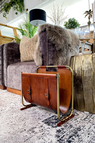 Leather Magazine Basket - Tan