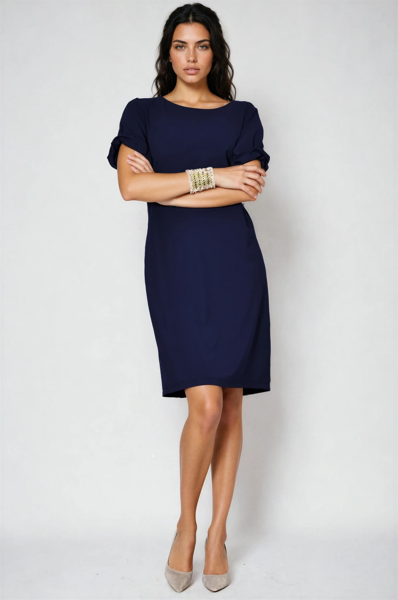 PAULA RYAN Ruched Sleeve Dress - Navy Microjersey - Paula Ryan