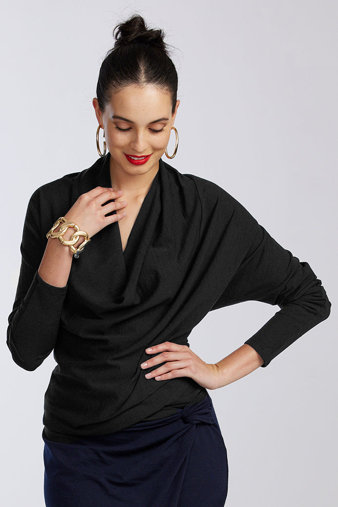 PAULA RYAN Deep Cowl Neck Top - Black Merino - Paula Ryan