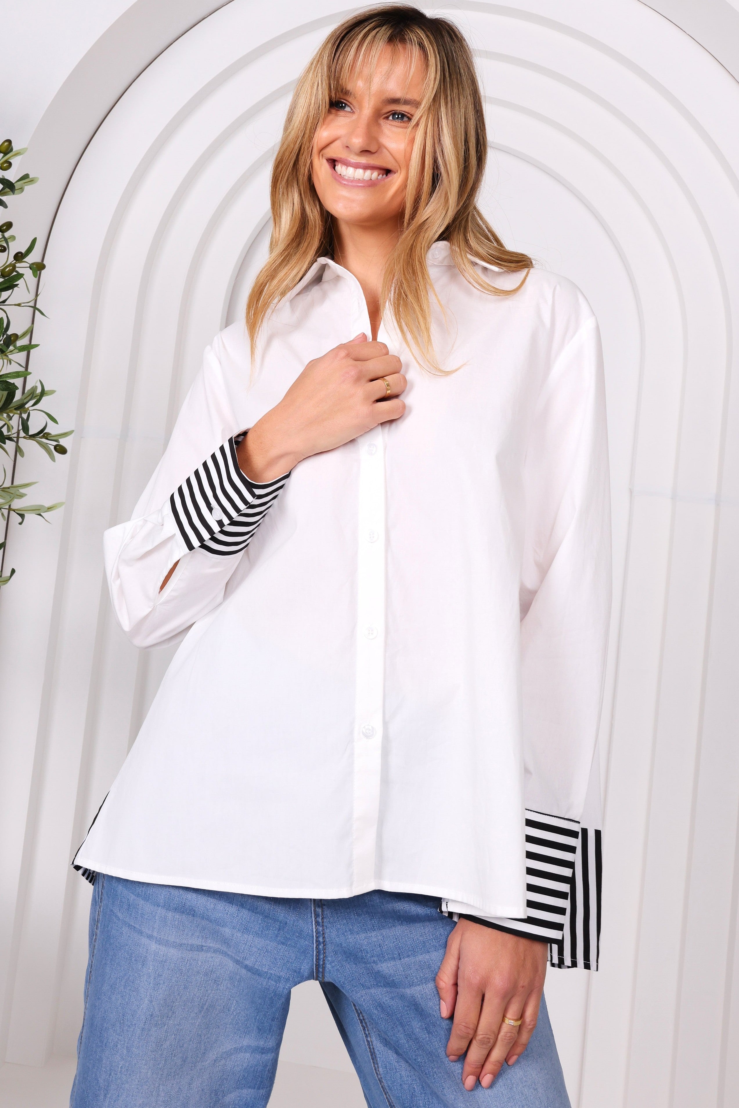 LEONI Kali Shirt - White Navy Stripe - Magpie Style