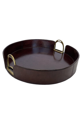Round Dark Leather Tray with Stirrups