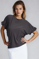 PAULA RYAN Rouched Sleeve Side Tuck Top - Black Microjersey - Paula Ryan