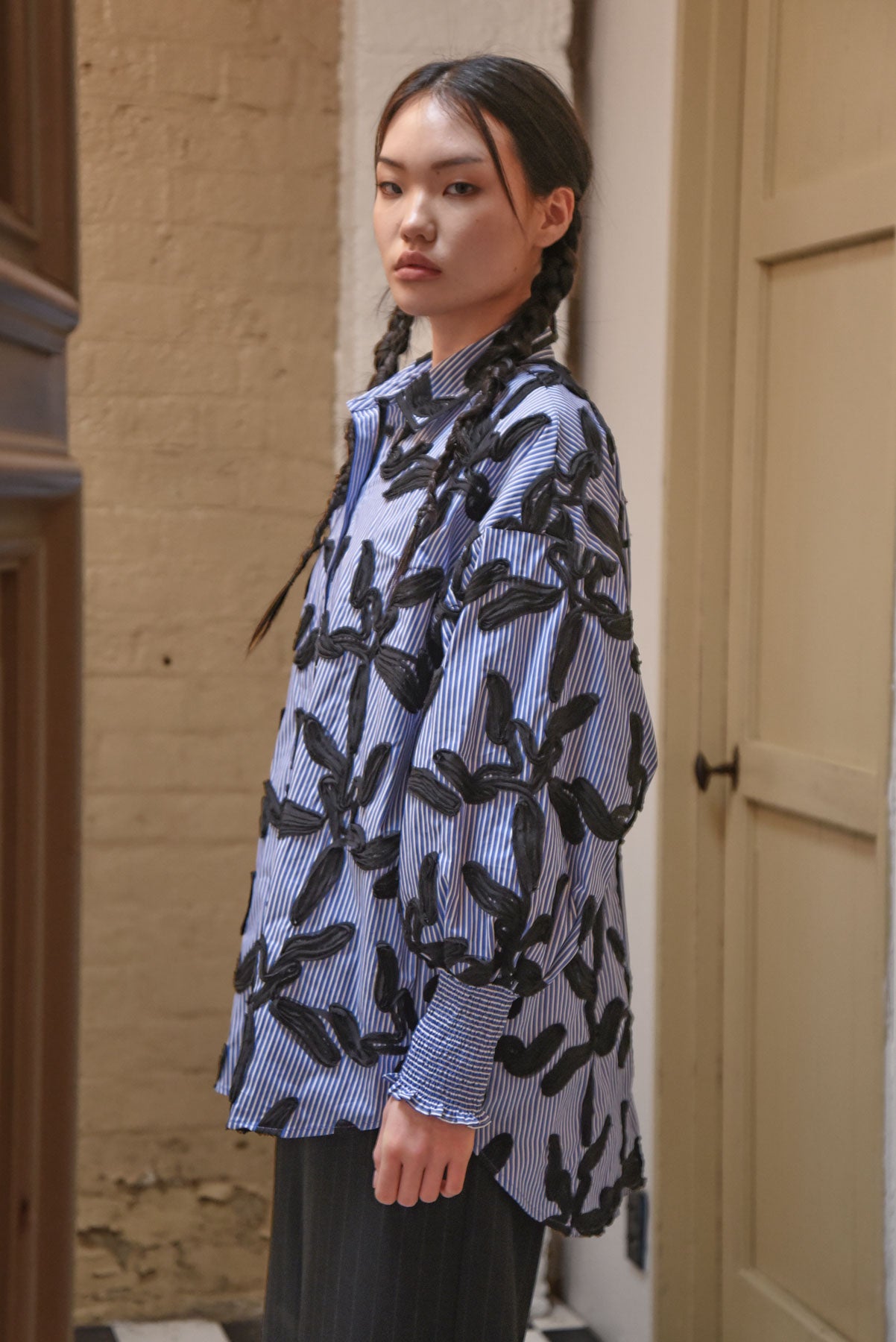 TRELISE COOPER Time to Shir Shirt - Blue Stripe/Black Lack - Magpie Style