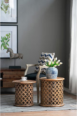 Mango Wood Carved Side Table - Small