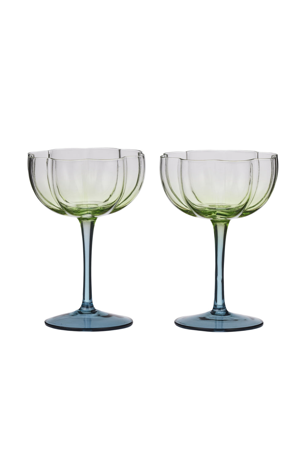 Green Blue Ribbed Coupe Glass s/2