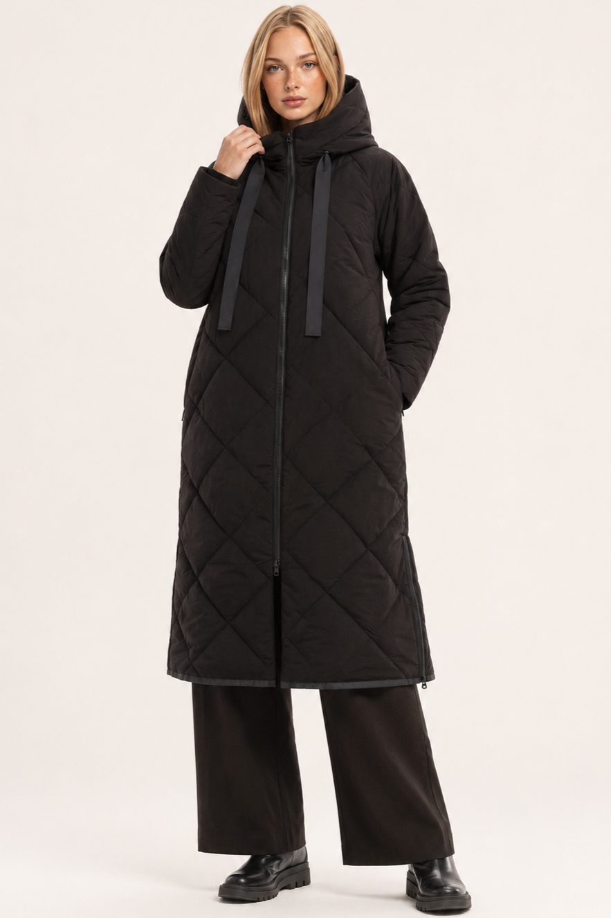 TIRELLI Diamond Quilt Puffer Coat - Black - Magpie Style