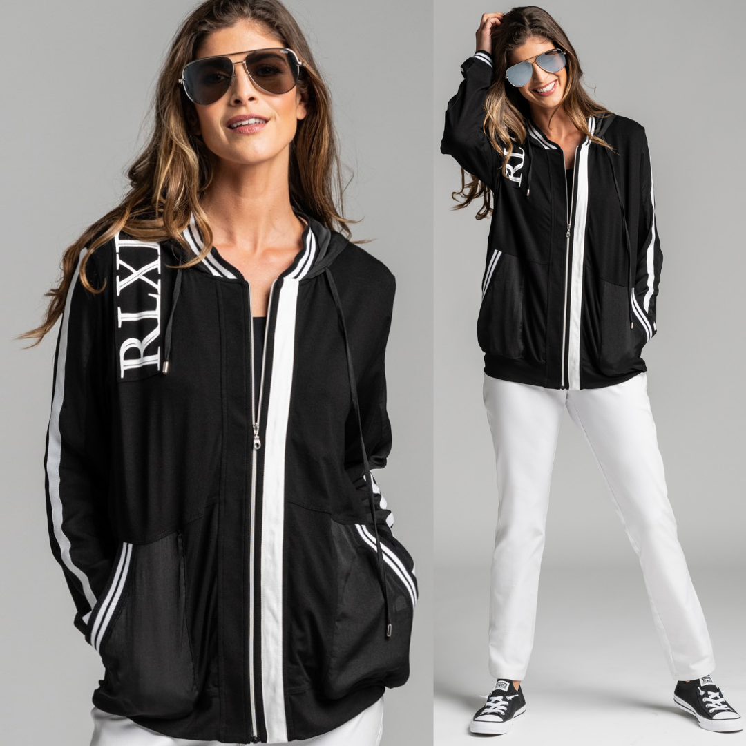 PAULA RYAN RELAXED Zip Front Printed Hoodie - Viscose Jersey - Black/White - Paula Ryan