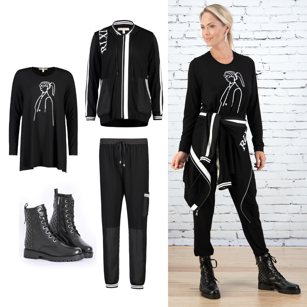PAULA RYAN RELAXED Zip Front Printed Hoodie - Viscose Jersey - Black/White - Paula Ryan