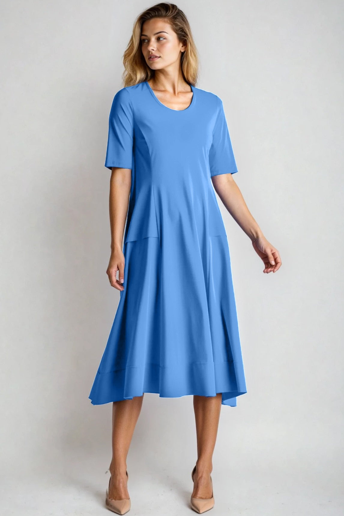 PAULA RYAN A-line Half Sleeve Tab Dress - Cornflower Microjersey - Paula Ryan