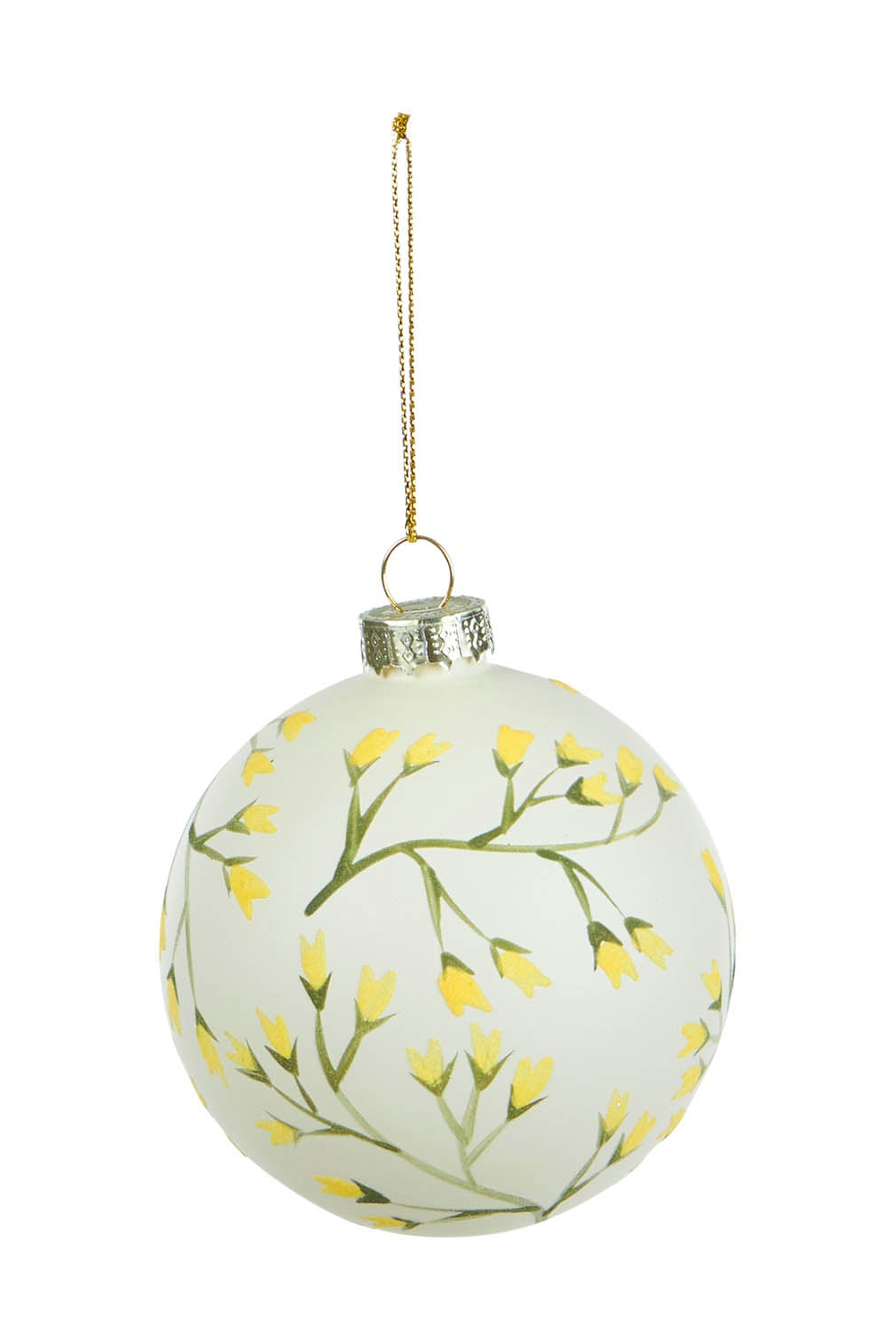 Glass Bauble - White with yellow flowers and green stems