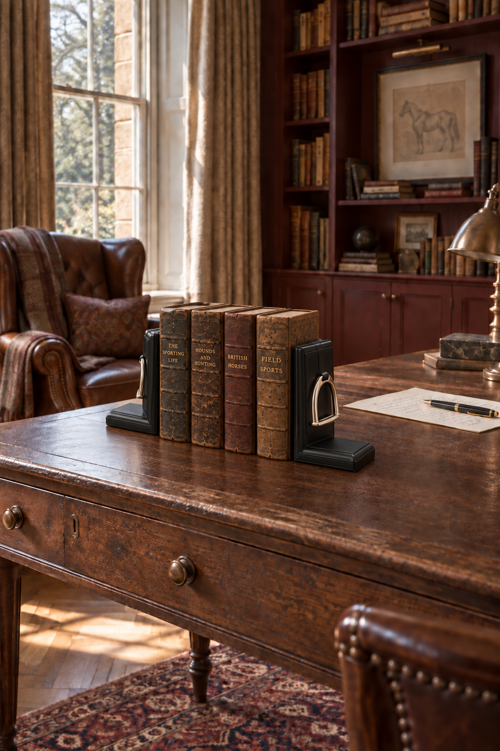 Black Leather Bookends with Stirrups styled in oxblood library