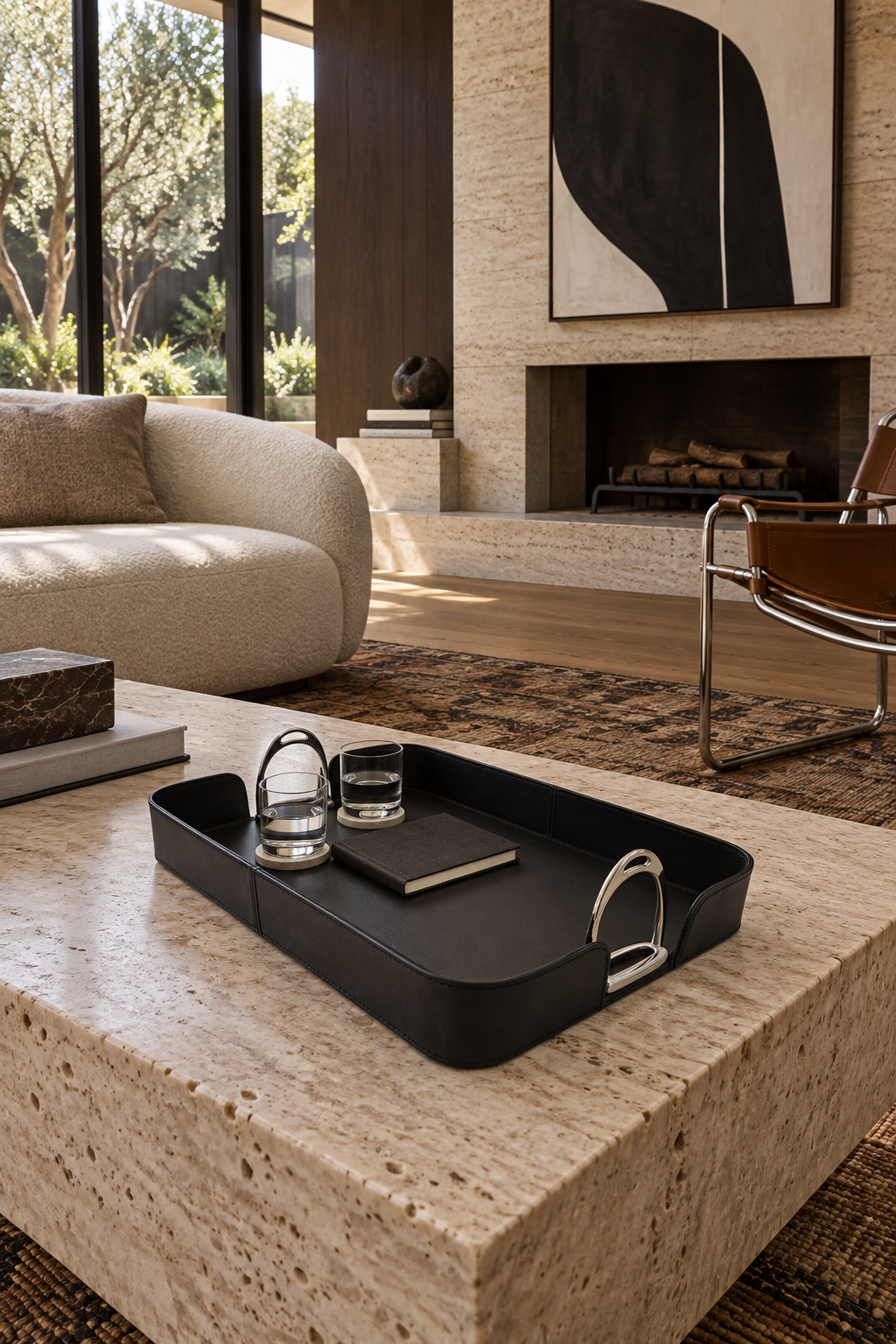 Black Leather Tray with Stirrups styled in sculptural living room