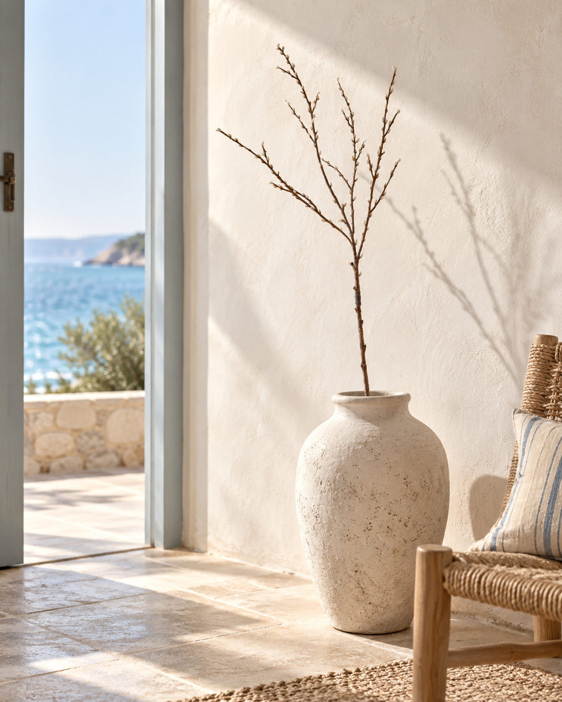 Natural bud branch styled in a pale coastal interior