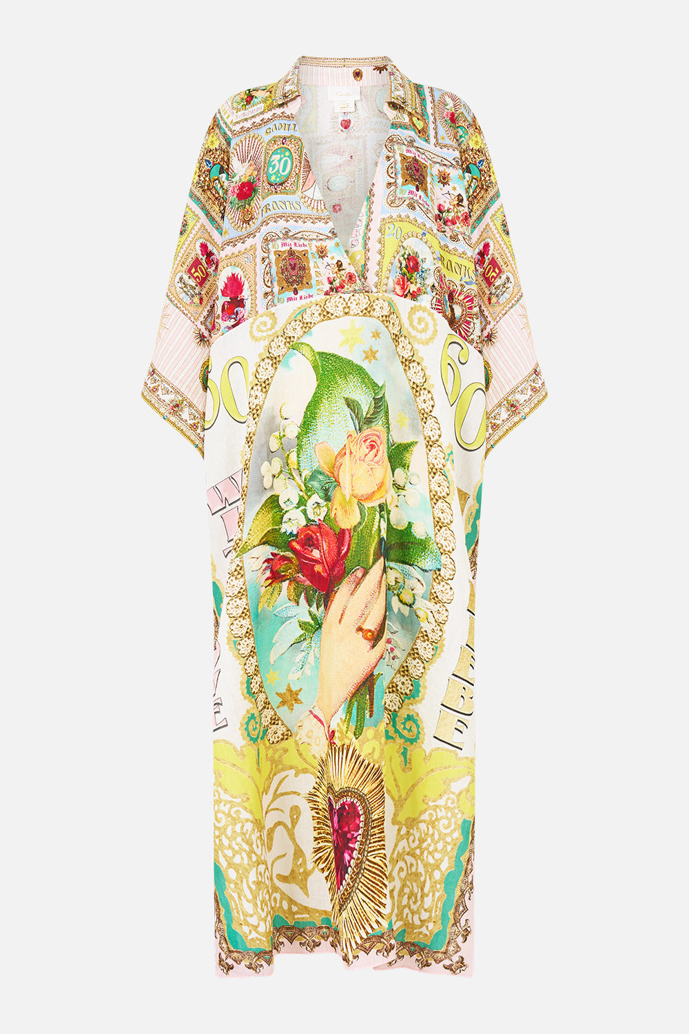 CAMILLA Deep V Neck Kaftan with Curved Seam - Painted Prayers - view 3