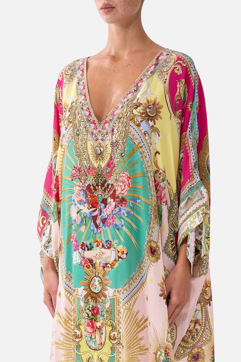 CAMILLA Tie Sleeve Short V Neck Kaftan - Painted Prayers - view 5