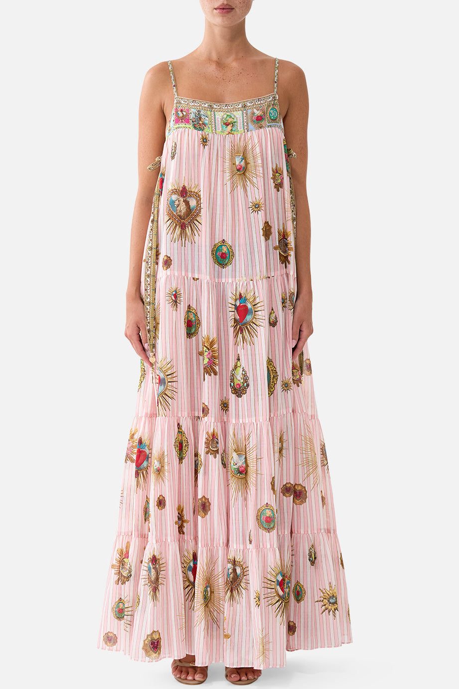 CAMILLA Long Tiered Dress with Bow Ties - Painted Prayers - view 1