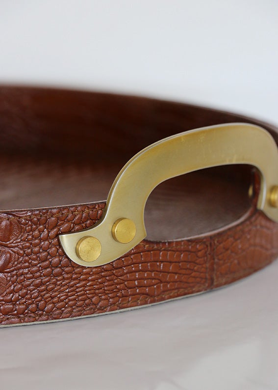 Croc Leather Round Tray with Brass Handles, alternate view