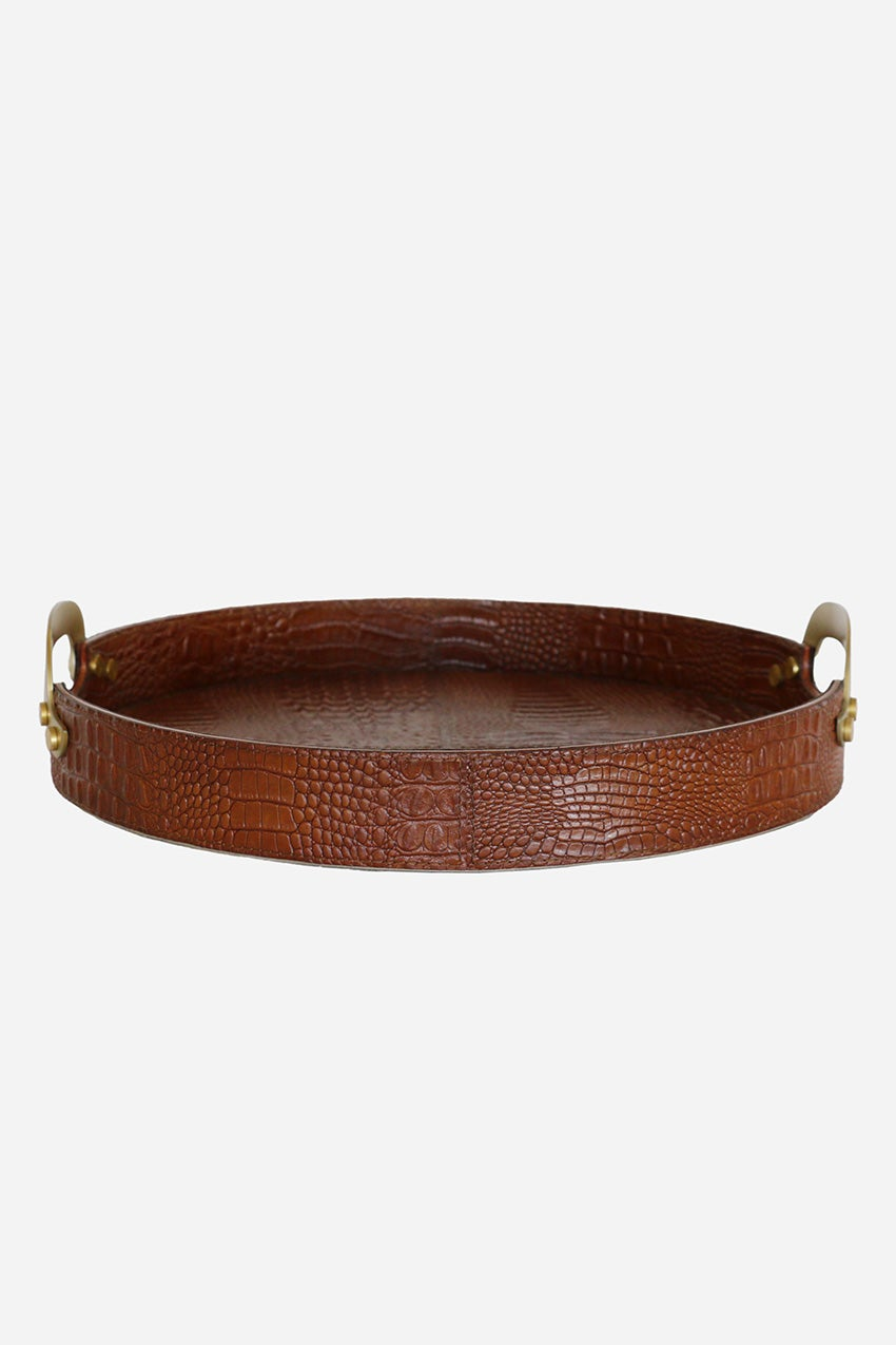 Croc Leather Round Tray with Brass Handles