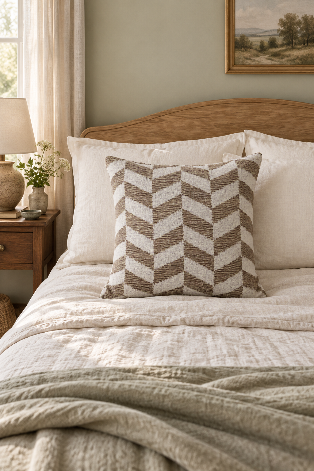 Chevron Weave Cushion in natural and white, styled on a linen bed with an oak headboard