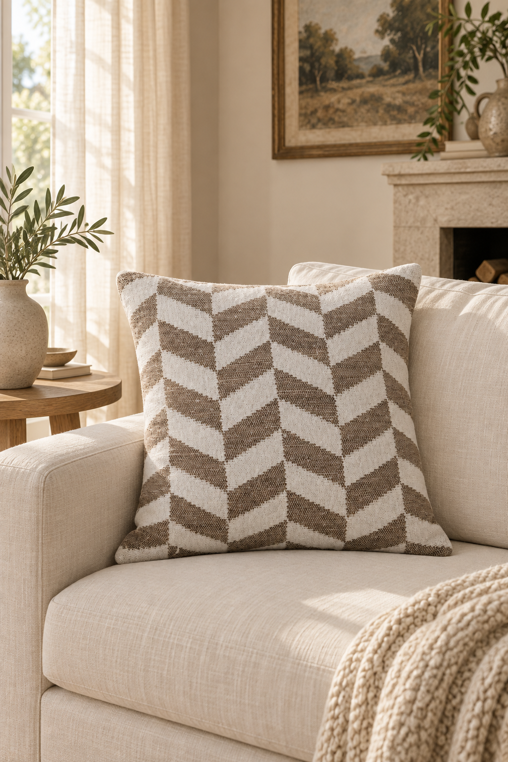 Chevron Weave Cushion in natural and white, styled on an ivory linen sofa