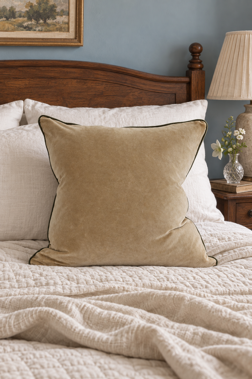 Clyde Gold Velvet Cushion styled in bedroom