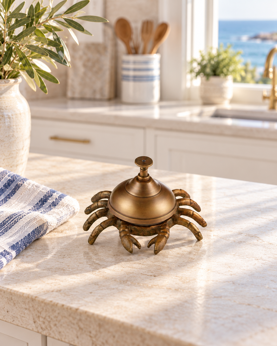 Brass crab table bell styled in a bright coastal kitchen