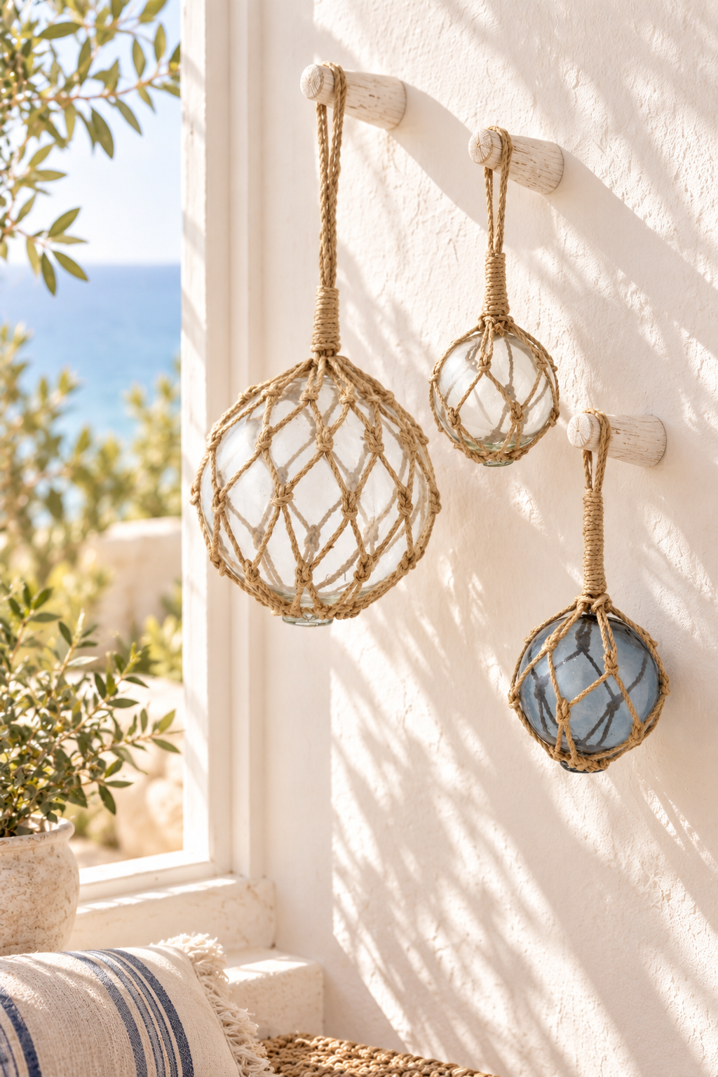Clear and grey buoy glass floats with rope in a coastal interior
