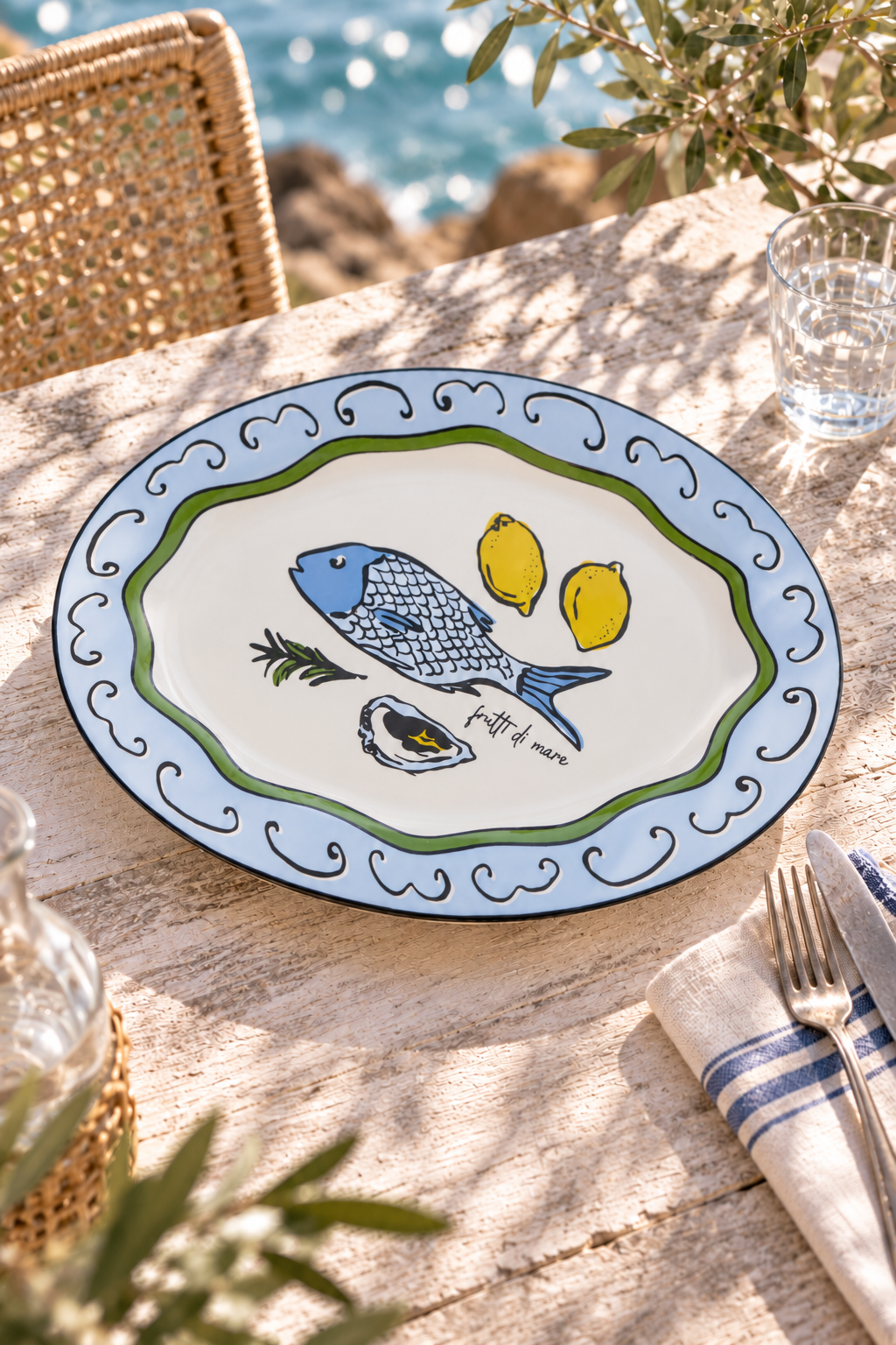 Frutti di Mare oval serving platter styled on a sunlit coastal table