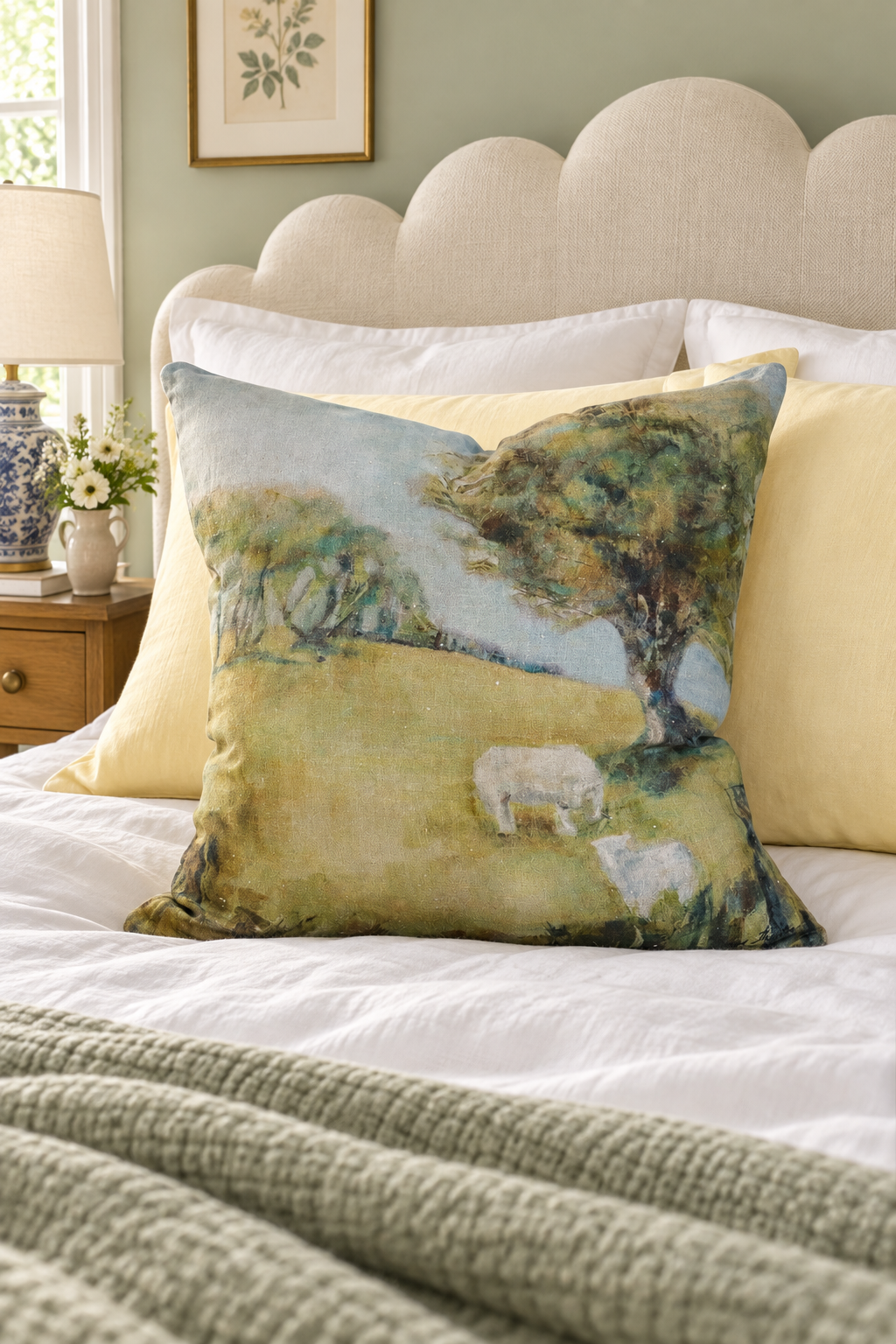 Cornwall Park Linen Cushion styled in bedroom