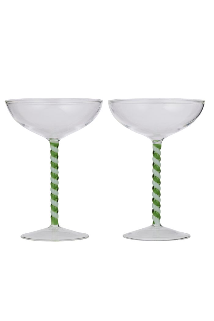 Swirl Coupe Glasses - Green and White, Set of 2