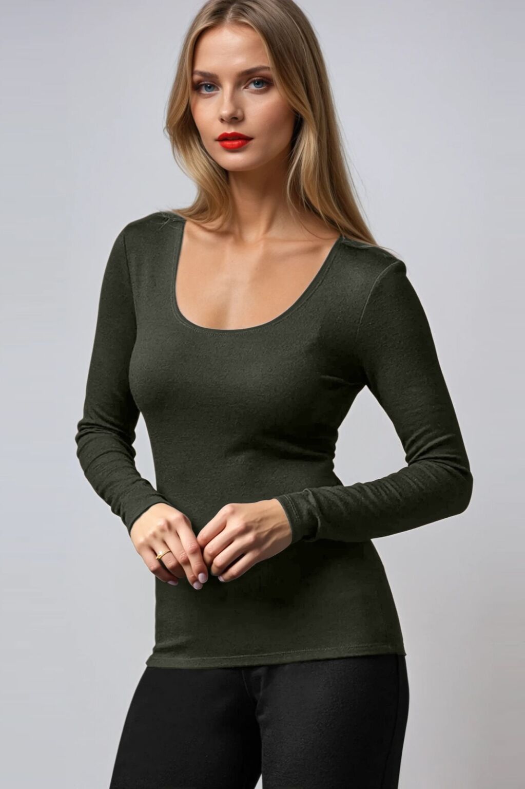 PAULA RYAN Slim Fit Scoop Neck Top - Merino Khaki - Paula Ryan