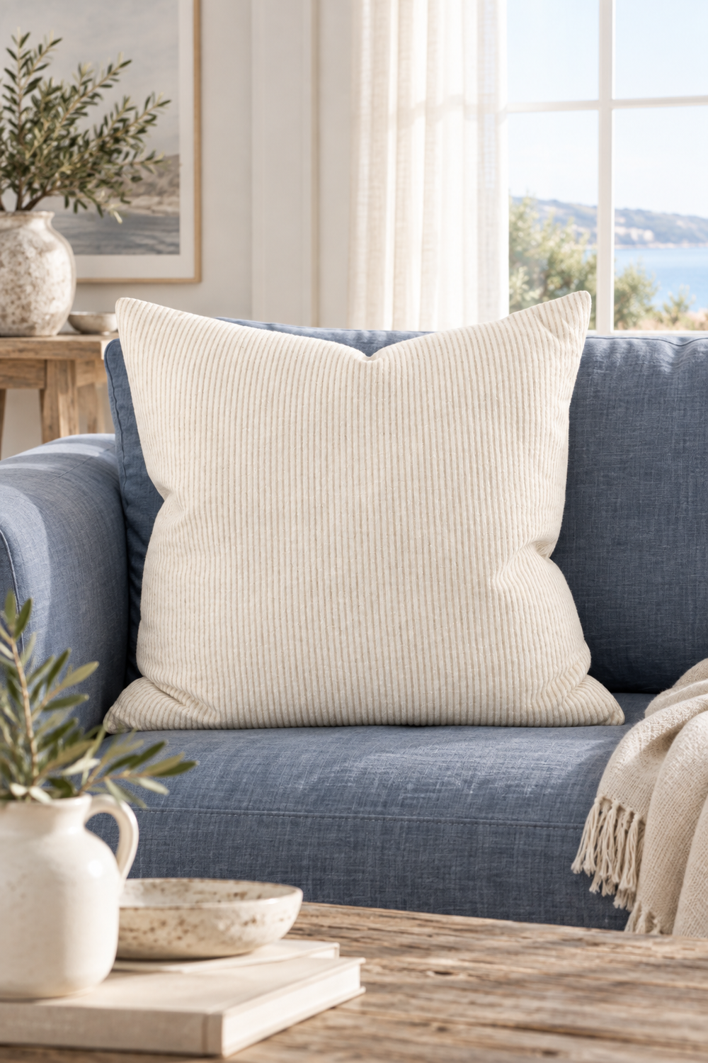 EADIE Large Marina Cushion - Off White/Natural Stripe