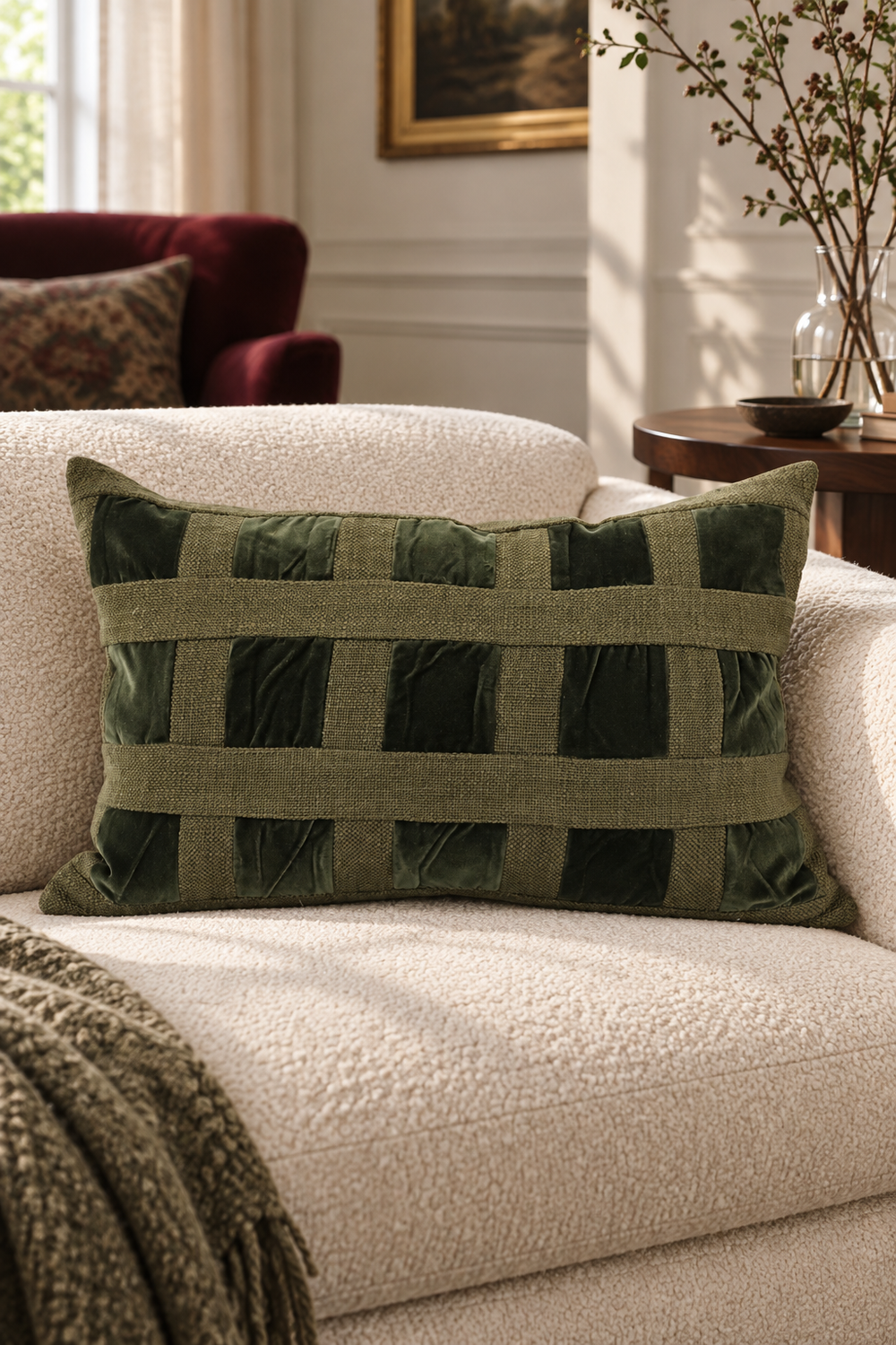Emerald Velvet Checker Lumbar Cushion