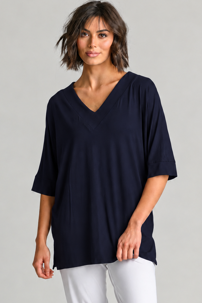 PAULA RYAN Long V Neck Relaxed Top - Navy EcoVero