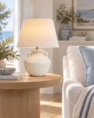 Gianee lamp styled in a refined blue and white coastal living room