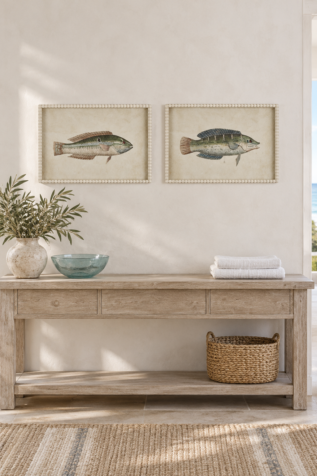 Green Wrasse and Bluefin fish studies styled side by side in a coastal interior
