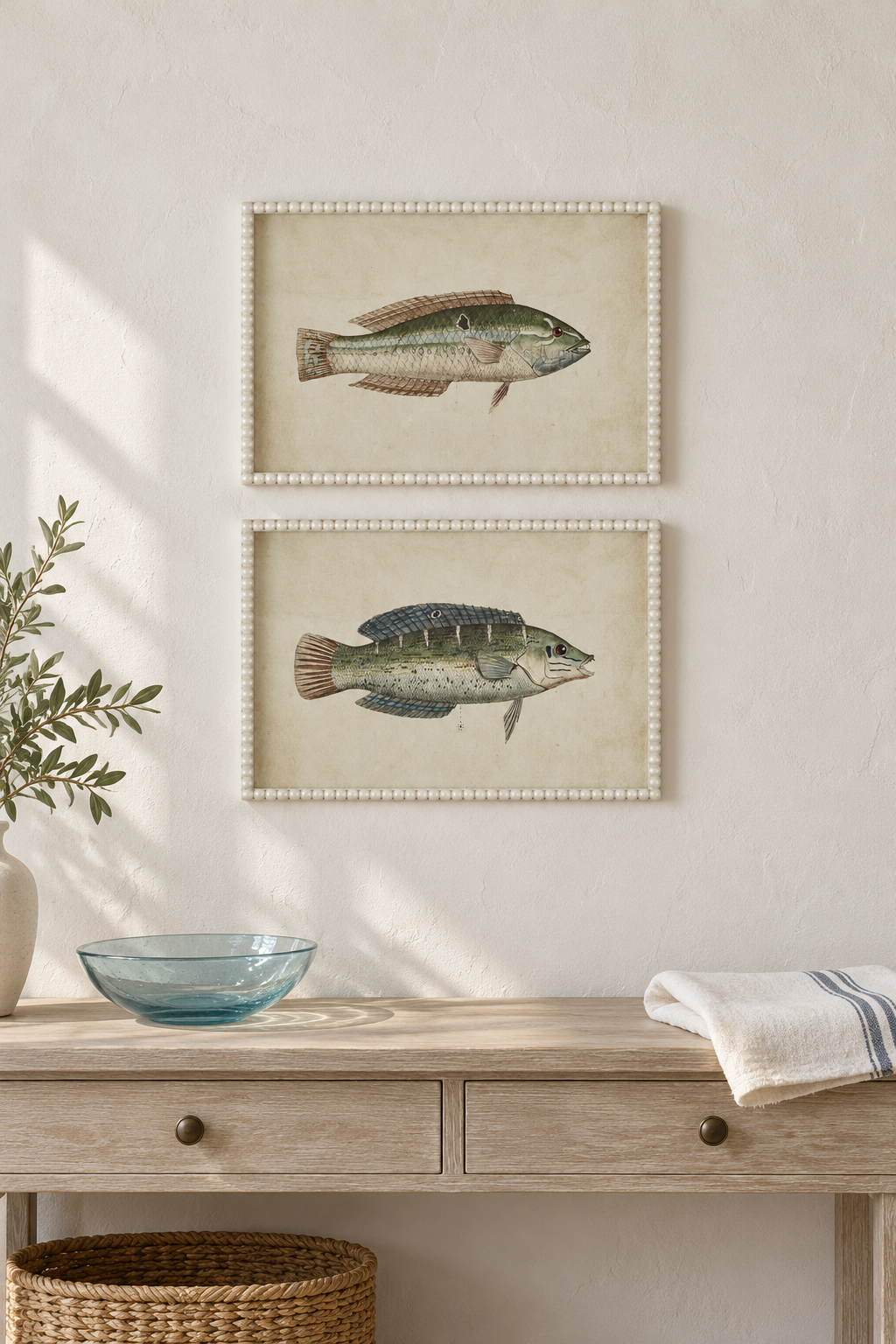 Green Wrasse and Bluefin fish studies stacked vertically in a coastal interior