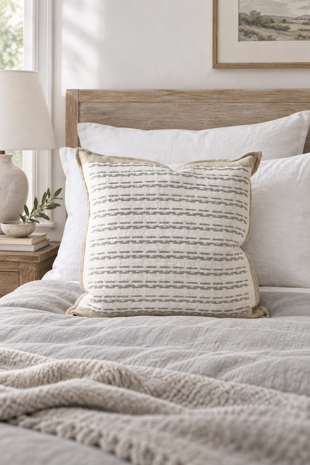 Hagen Cushion - Off White/Slate - 50cm styled in bedroom