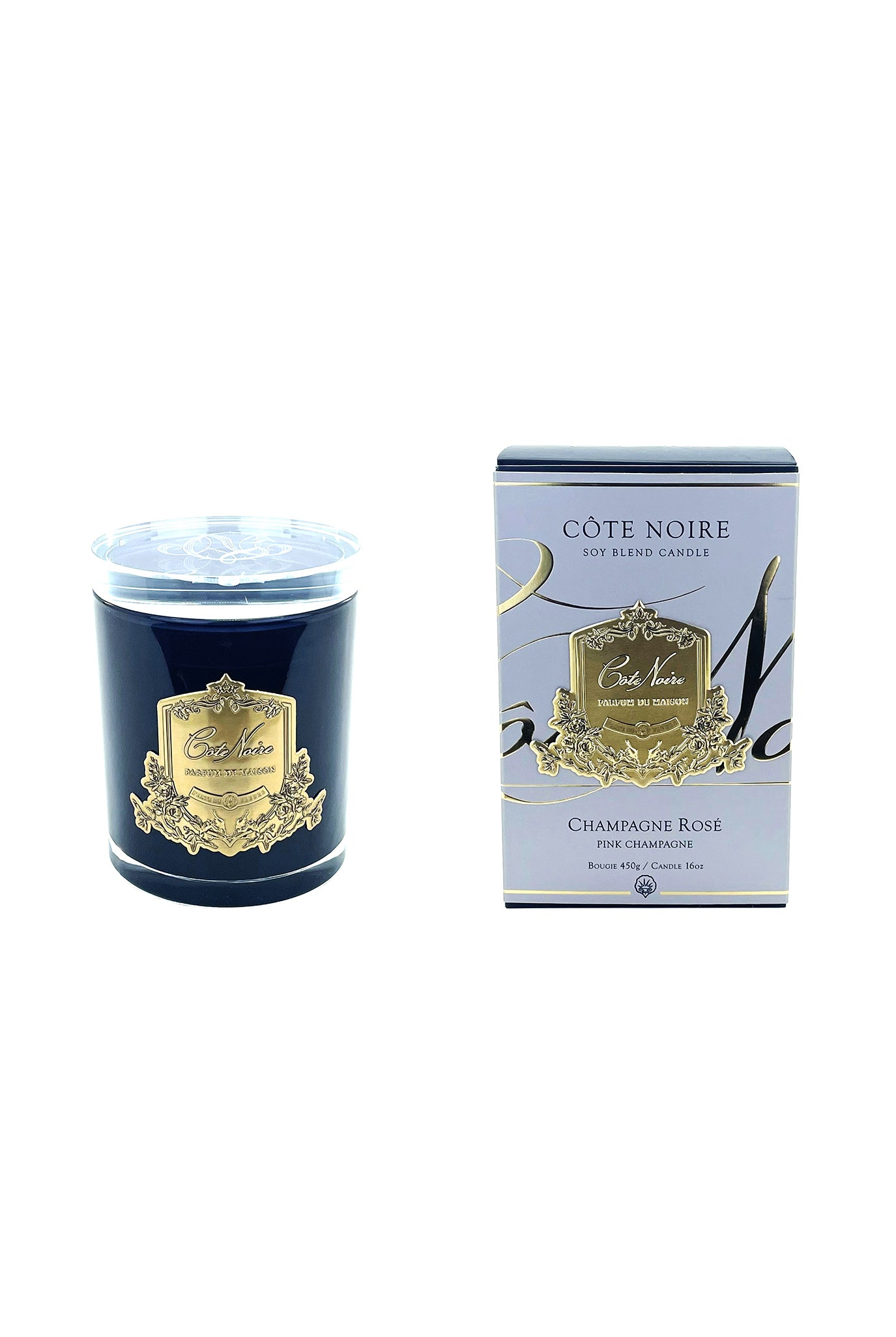 COTE NOIRE Pink Champagne Candle, Crystal Lid - Gold 450g - Magpie Style
