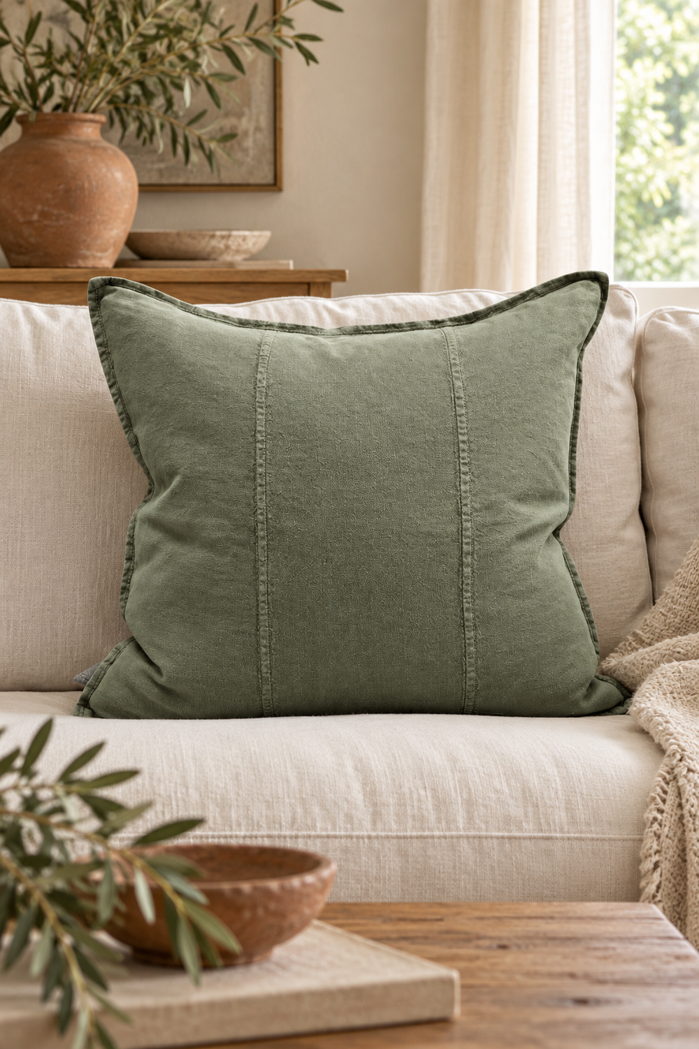 Large Lucatt Khaki Linen Cushion - 60cm