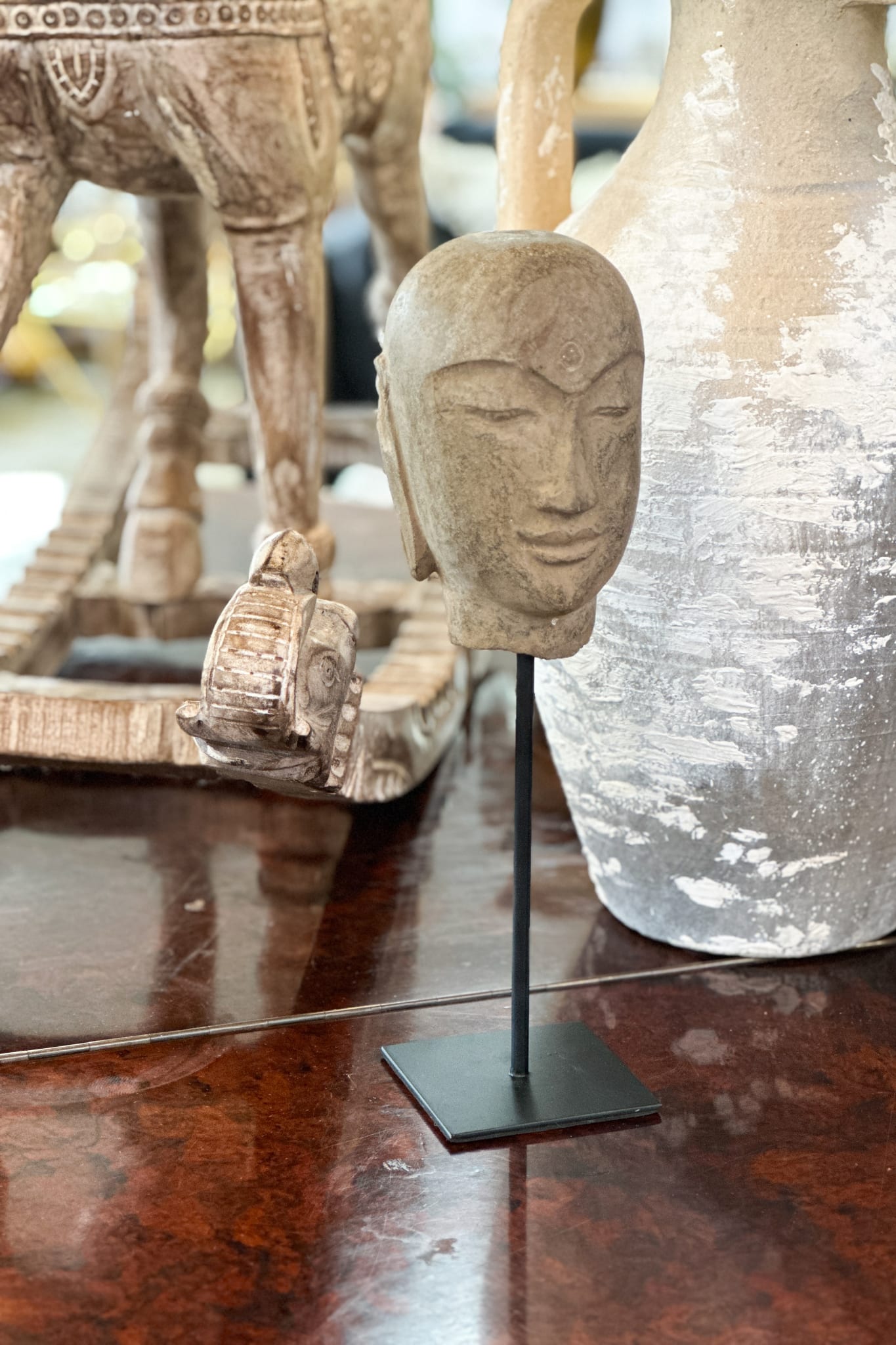 Hand Carved Stone Zen Buddha Head on Stand - Tall - Magpie Style